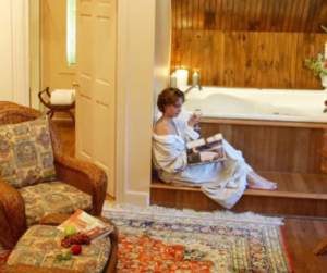 Woman relaxing in her accommodation.