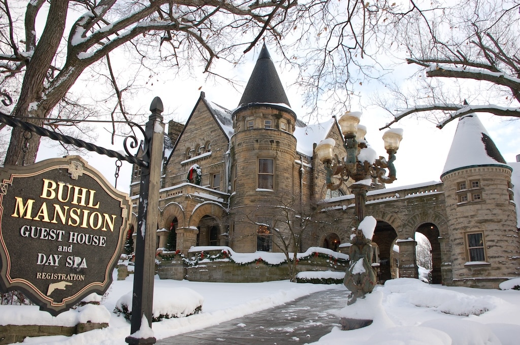 weekend trips from Cleveland are best spent at Buhl Mansion, pictured here on a snowy day